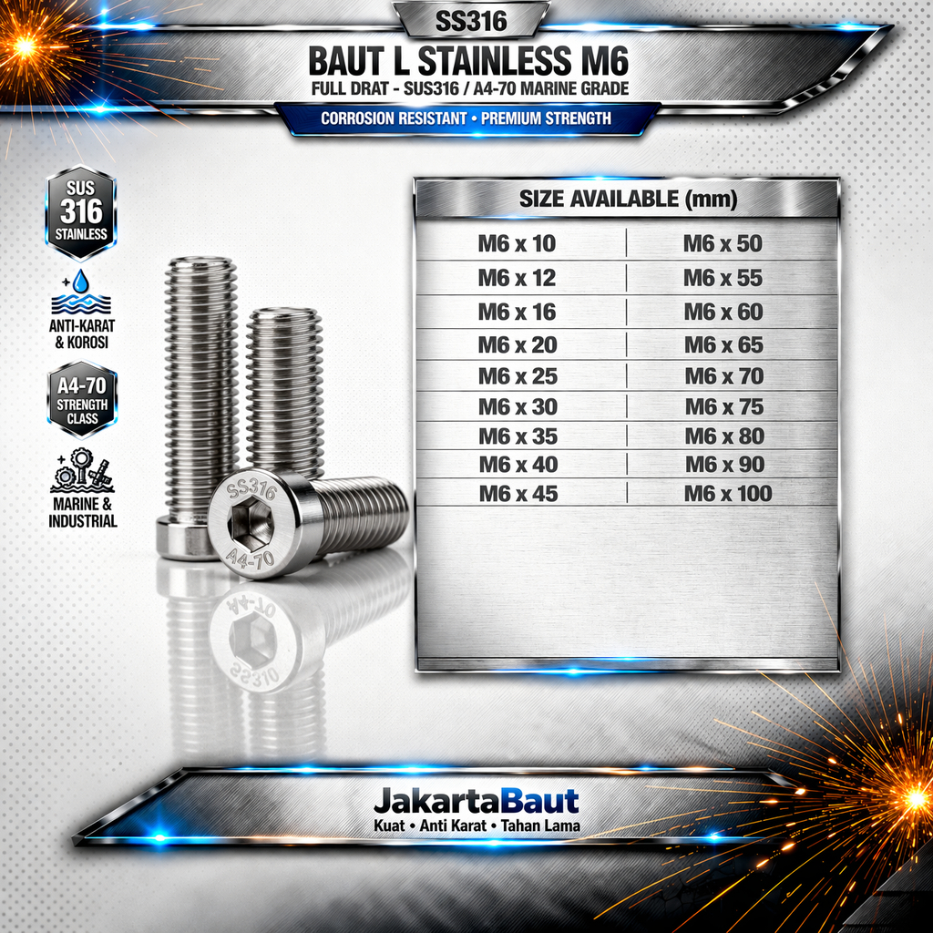 SS316 Baut L Stainless M6X75 / 6X75 / M6 X 75 / 6 X 75 Full Drat SUS316 / A4-70