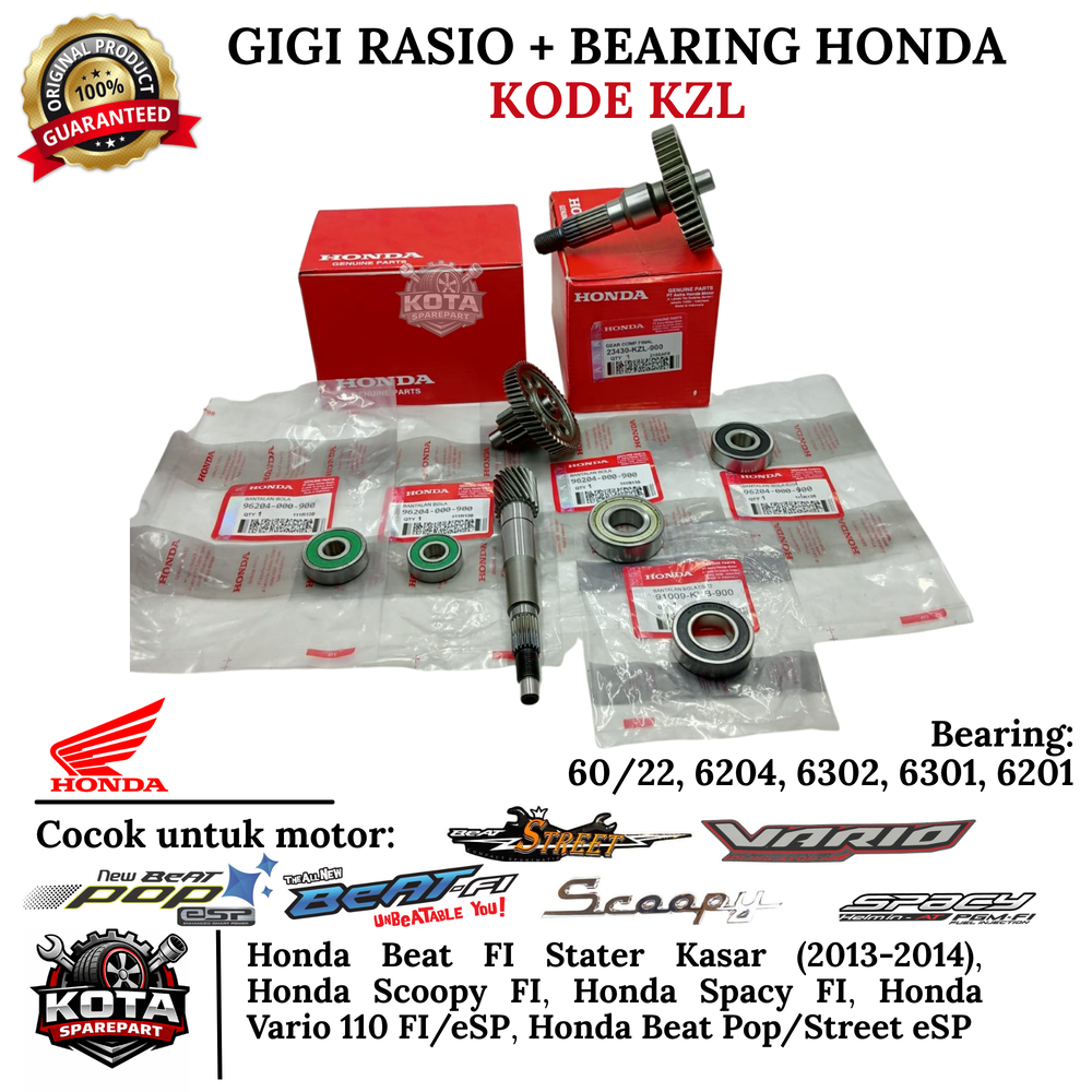 GIGI RASIO + BEARING SET ORIGINAL HONDA KODE KZL UNTUK MOTOR HONDA BEAT FI STATER KASAR (2013-2014),