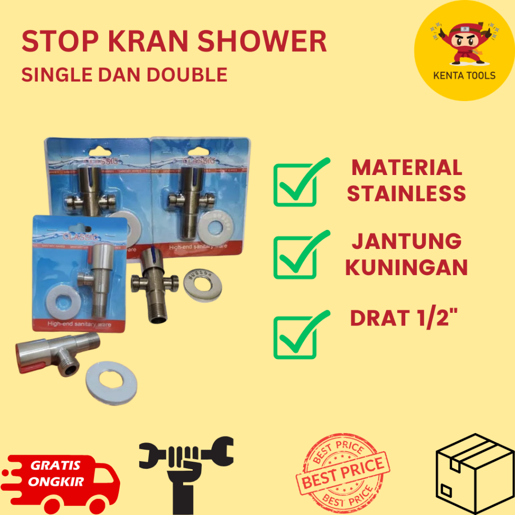 Stop Kran Shower Stainless 1/2 Inch Single Double Valve Kran Cabang Shower Kuningan Anti Karat