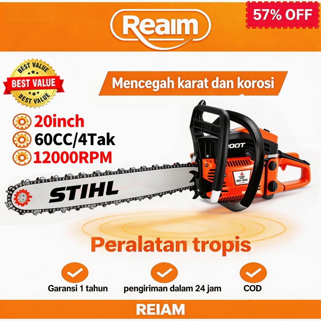 REAIM Chainsaw 20/22 Inch senso 60CC Mesin Potong Kayu Gergaji Mesin 2/4 Tak Untuk Mesin Potong Kayu