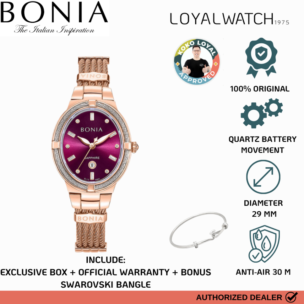 Jam Tangan Bonia Valore Wanita BNB10851-2567 Purple Stainless Steel + Bonus Gelang Swarovski Origina