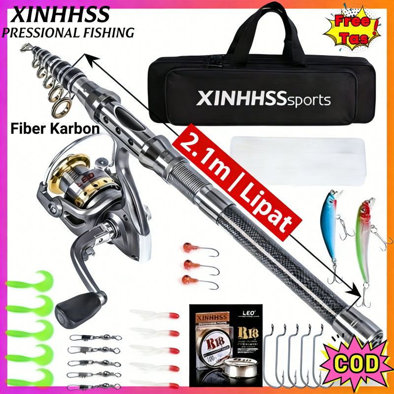COD Joran Pancing Carbon Fiber Telescopic 2.1m 6-7 Sections Set Lengkap dengan Spinning Reel + Tas P