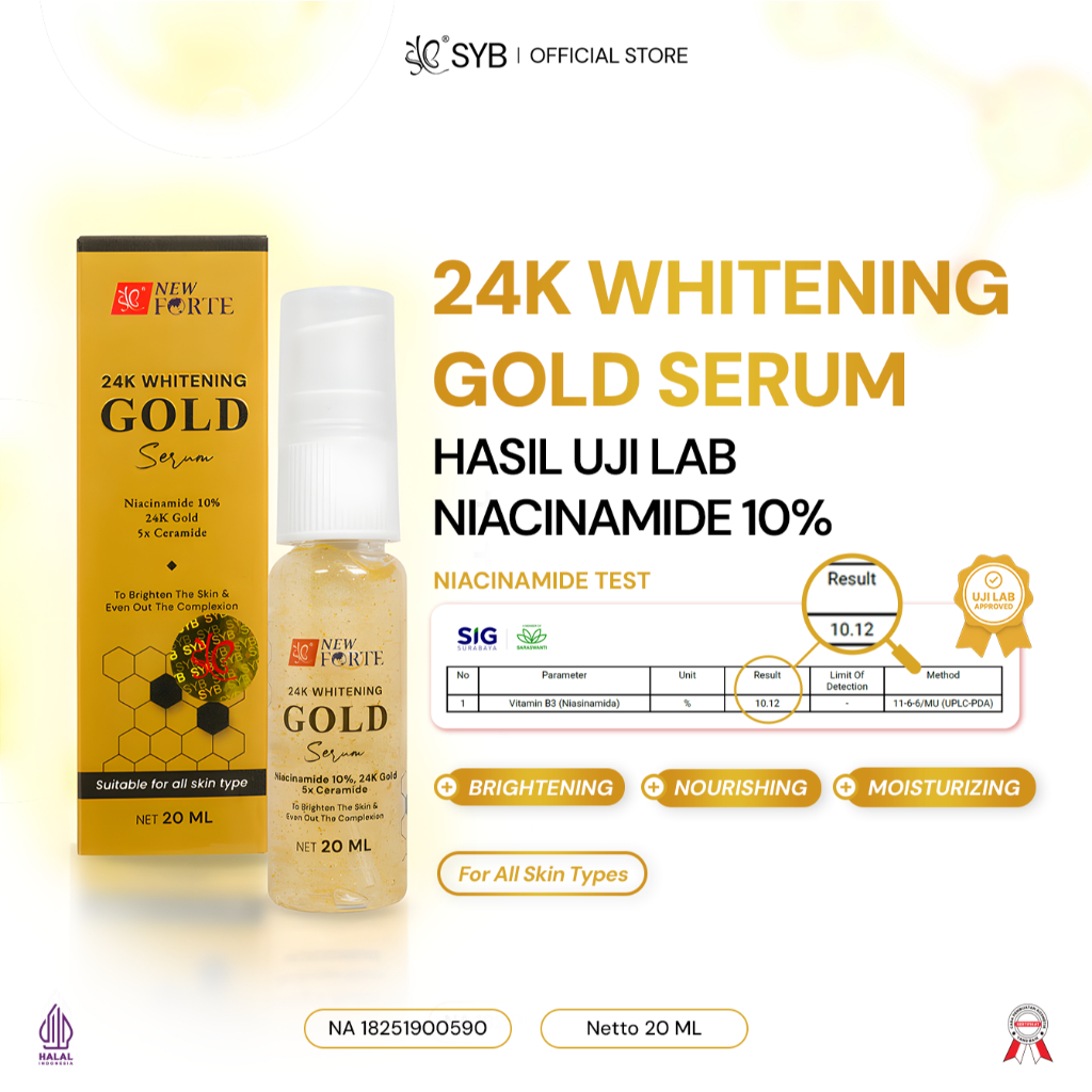 NEW SYB [Forte 24K Whitening Gold Serum 20ml] dengan Niacinamide 10% & Ceramide untuk Kulit Tampak L