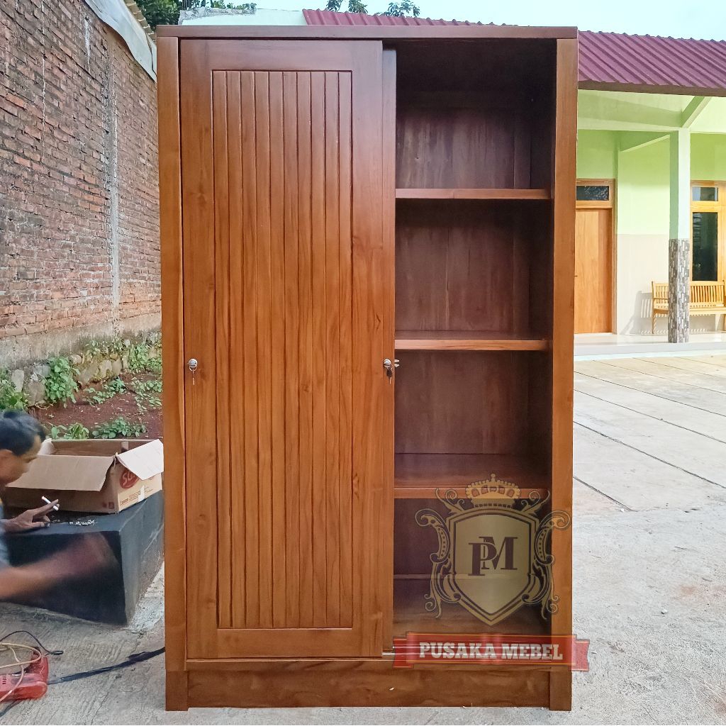Lemari Almari Pakaian 2 Pintu Sliding Kayu Jati Model Minimalis Pintu Motif Salur knockdown