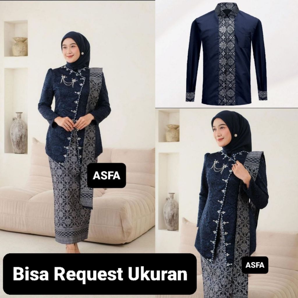 SET KEBAYA JANGGAN NAVY ORI COUPLE KEMEJA PREMIUM / CUSTOM ANAK & JUMBO / BAJU SERAGAM BATIK PASANGA