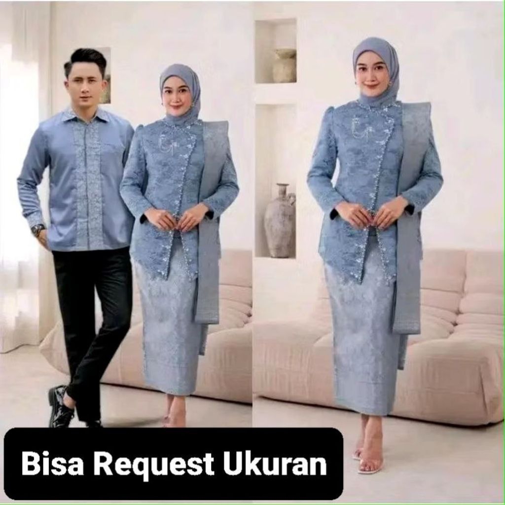 SET KEBAYA JANGGAN DENIM ORI COUPLE KEMEJA KOKO KOMBINASI / CUSTOM ANAK & JUMBO / BAJU SERAGAM BATIK