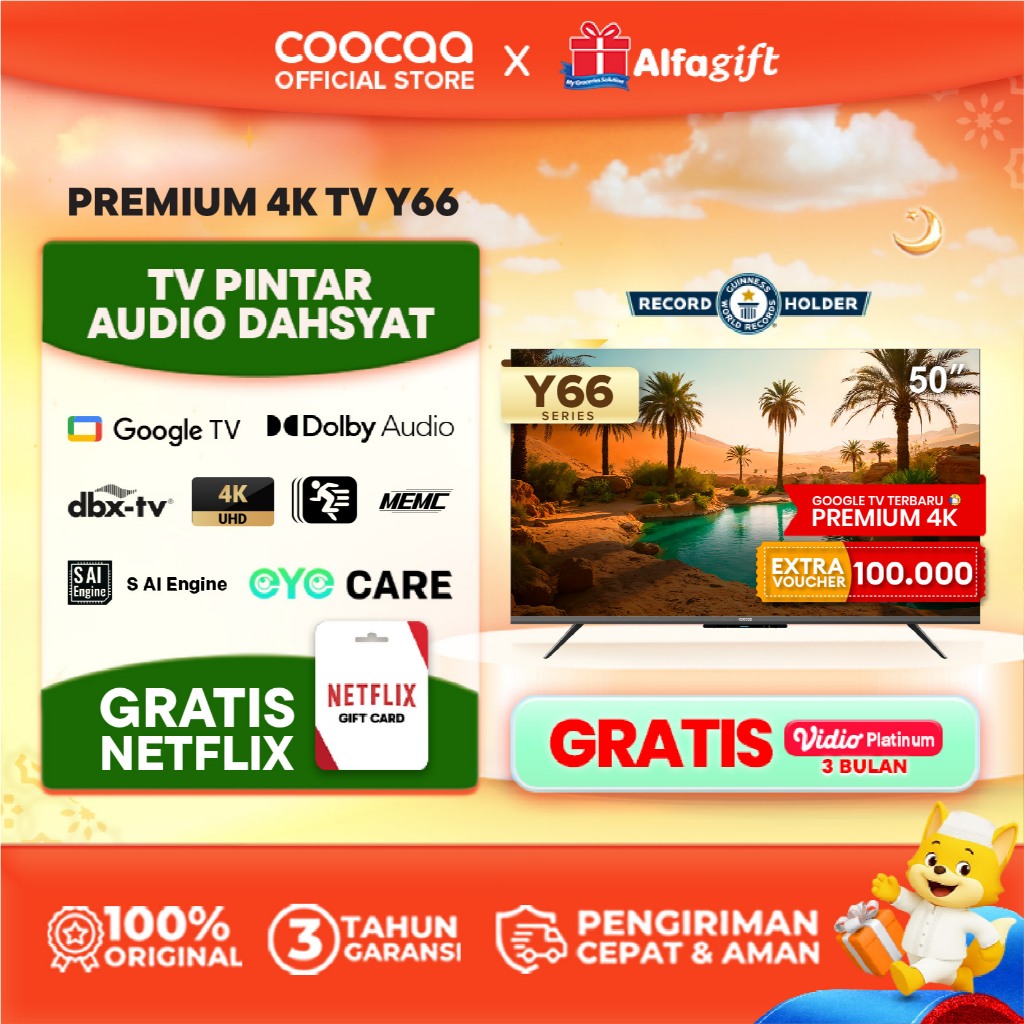 TERBARU COOCAA TV 50 inch Y66 - 4K Google TV - S AI Engine - MEMC - HDR10/HLG - Find My Remote - Eye