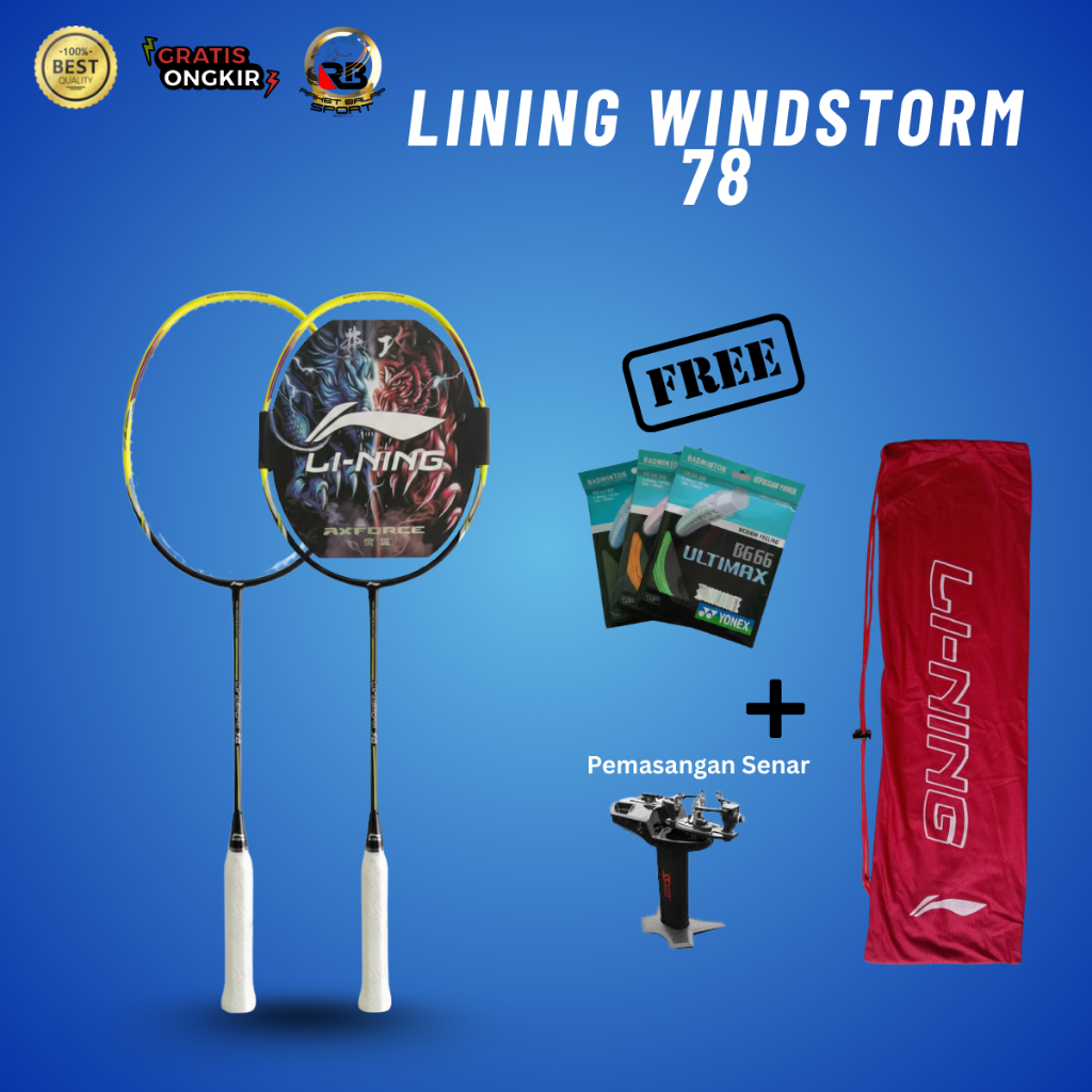 Raket Badminton Lining Windstorm 78 Kuning Hitam Bahan Karbon Kualitas Premium Ringan & Kuat