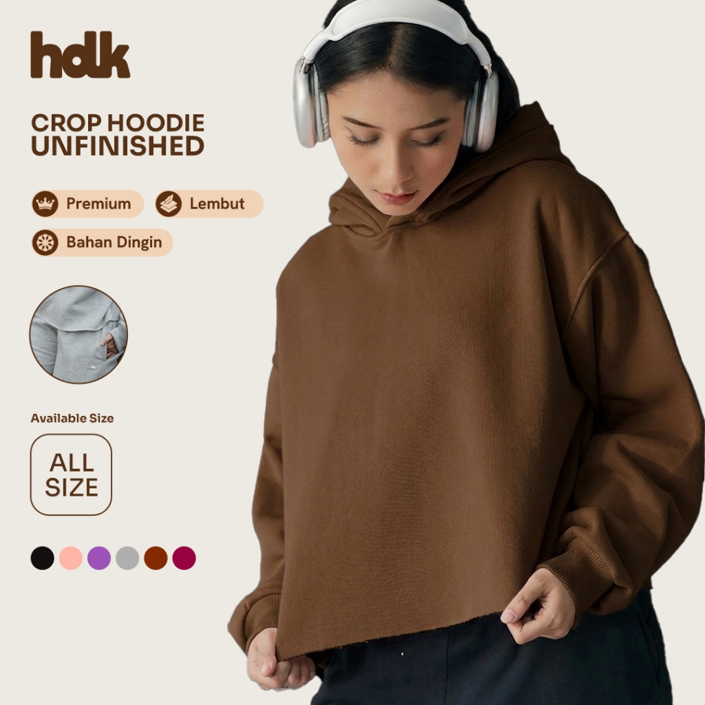 Hoodie Crop Wanita Unfinished Premium Polos | Fleece Tebal & Adem | Lokal Handmade | Dark Brown - Ho