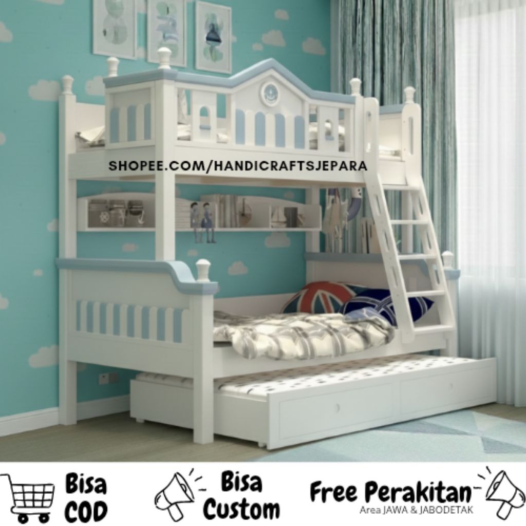 Kasur Tingkat 3 Kayu Minimalis , Tempat Tidur Anak Unisex Laki Laki Perempuan