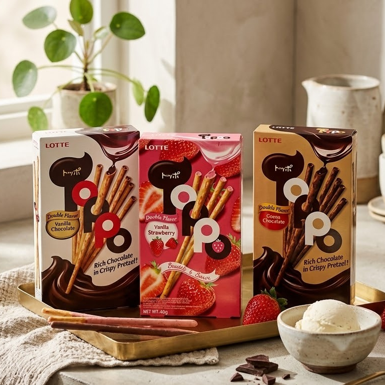 LOTTE TOPPO STIK 40GR / LOTTE TOPPO VANILLA STRAWBERRY 40GR / LOTTE TOPPO STIK COKLAT 40GR / LOTTE T