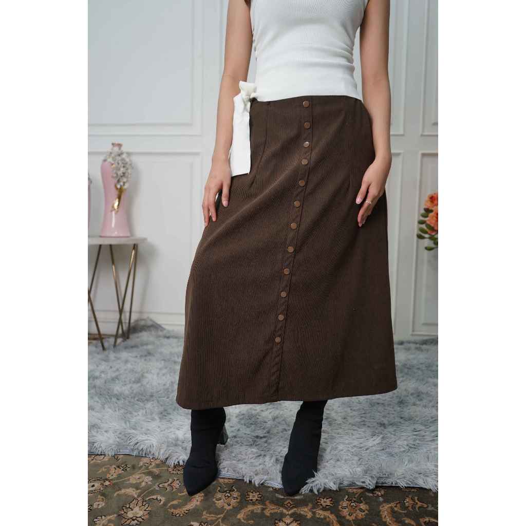 Rok Midi Corduroy Kancing Depan