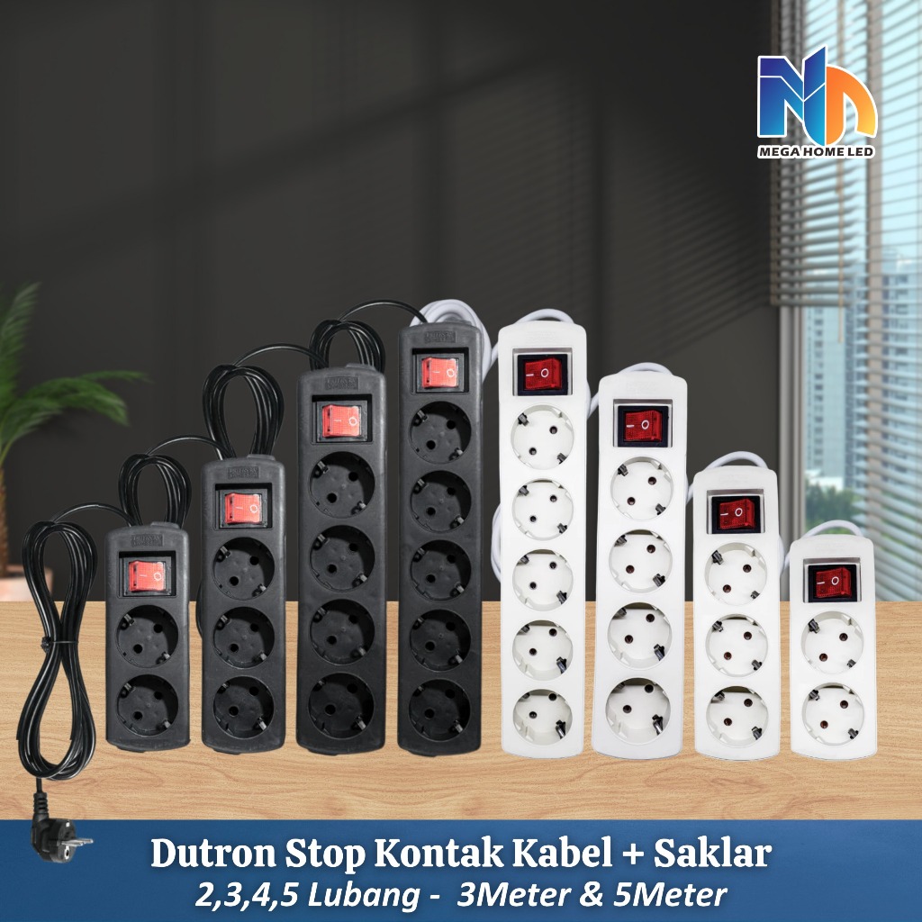 Dutron Stop Kontak + Kabel 3Meter & 5Meter, 2-5Lubang SNI Saklar Switch