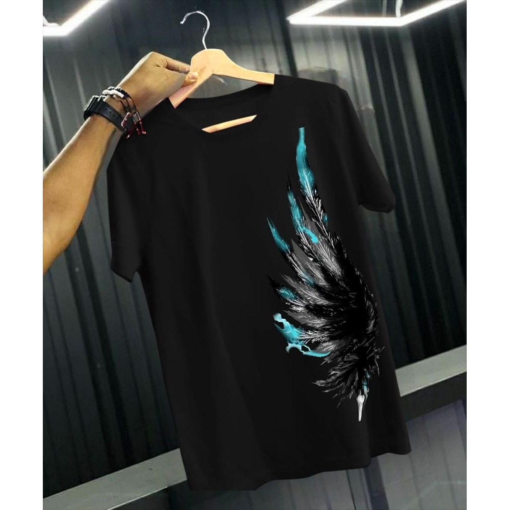 Kaos Pria Distro motif Bulu Sayap Samping Baju lengan pendek ukuran jumbo  - Lembut, Adem, Nyaman Di