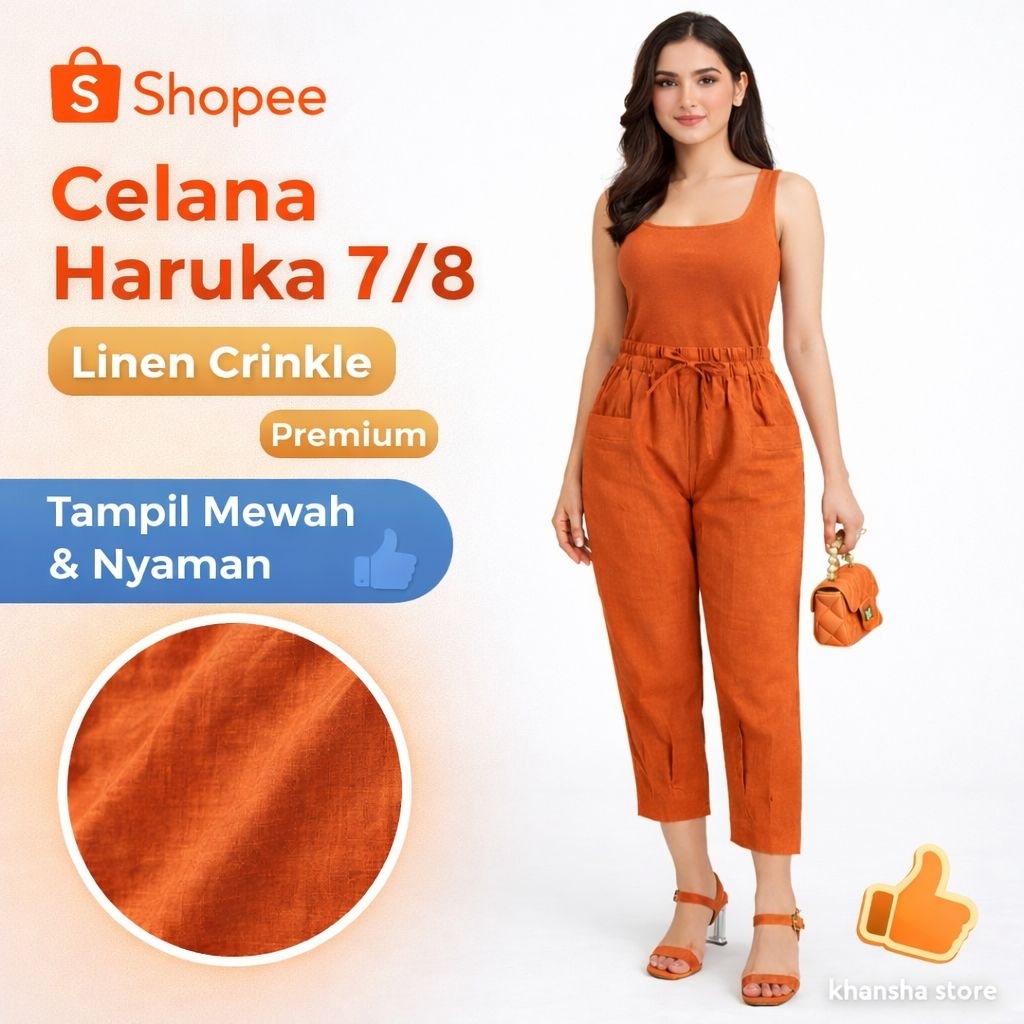 Celana 7/8 Wanita Haruka Linen Crinkle Premium Standar & Jumbo Ankle Pants Highwaist Loose Kulot Iro