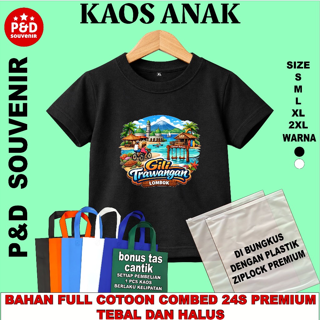 KAOS ANAK SOUVENIR OLEH OLEH TIGA GILI TRAWANGAN (A) WARNA HITAM BAHAN COTTON COMBED 24S TEBAL DAN H
