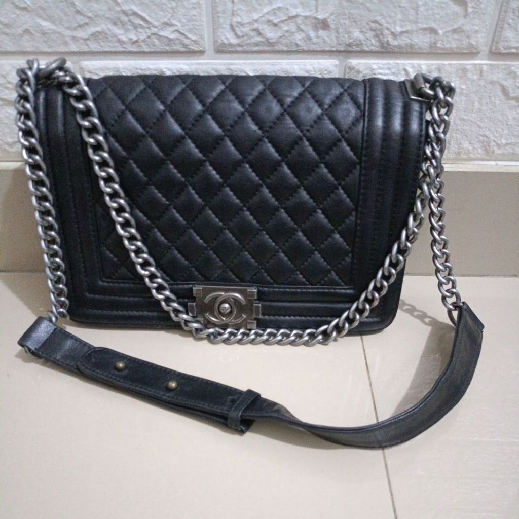 PL tas sling tali rantai bahan kulit asli ukuran 28 cm tinggi 18 cm lebar 8 cm rantai dan hw besi ba