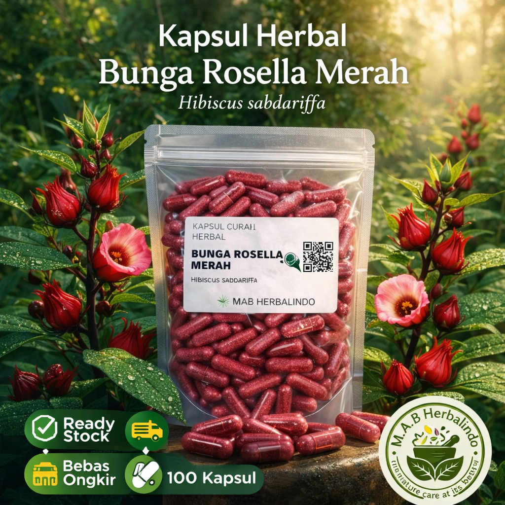 Kapsul Rosella Merah Roselle Hibiscus 100 Kapsul 500mg | Serbuk Hibiscus sabdariffa Alami | Herbal T