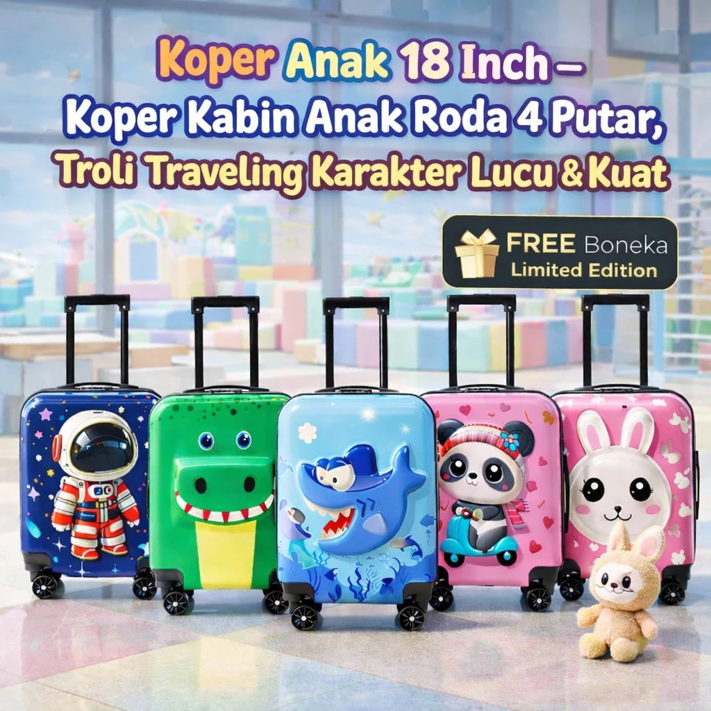 Koper Anak 18 Inch– Koper Kabin Anak Roda 4 Putar, Troli Traveling Karakter Lucu & Kuat
