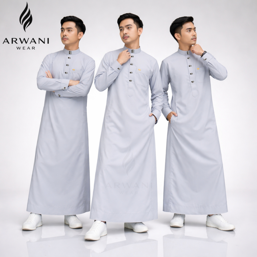 Arwaniwear - Gamis Jubah Pria Thobe Lengan Panjang Warna Abu Muda