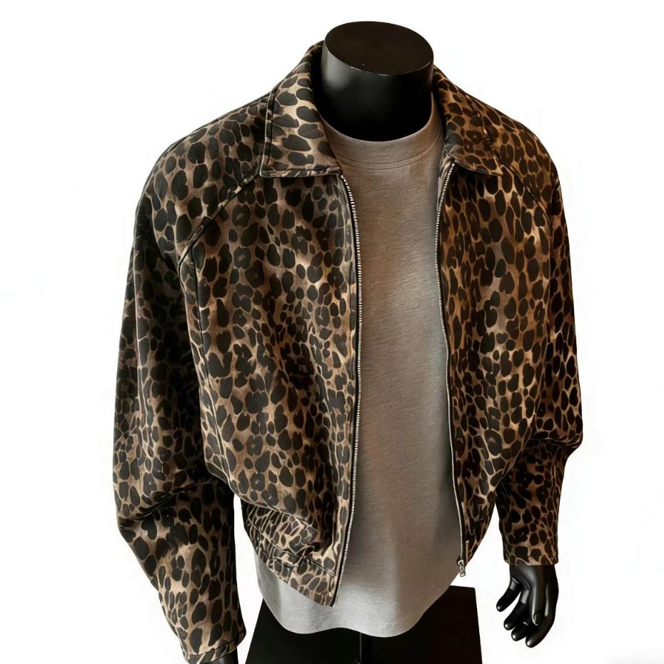 Jaket Kampus Olahraga Retro, Jaket Olahraga Motif Macan Tutul, Kasual, Jaket Kampus Retro untuk Pria