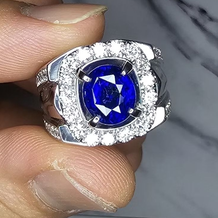 Blue Safir Srilanka 3.24crt Warna Royal Mewah Memo GRI Ring Perak Handmade