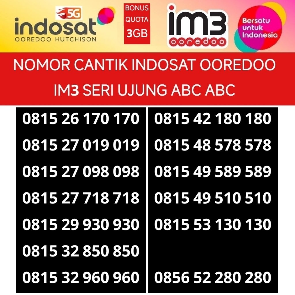 nomor cantik im3 indosat Ooredoo nomer kartu perdana 4G 5G rapih termurah bonus quota freedom 3GB