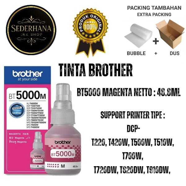 Tinta Brother Original BT5000 Magenta  For Printer  DCP-T300 DCP-T500W DCP-T700W DCP-T800W