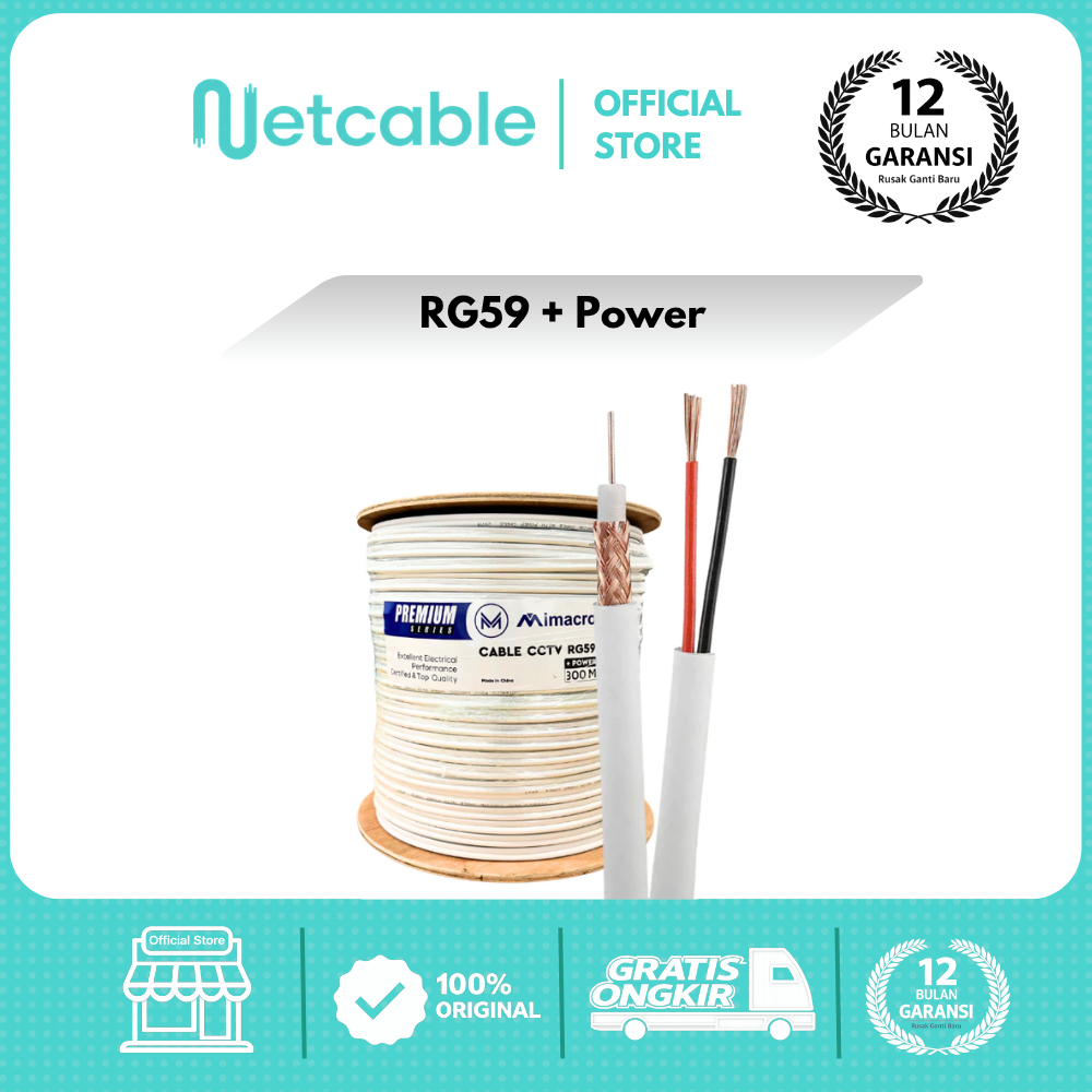 MIMACRO Kabel RG59 Plus Power 100M & 300M | Kabel CCTV Coaxial + Power Full Tembaga Premium