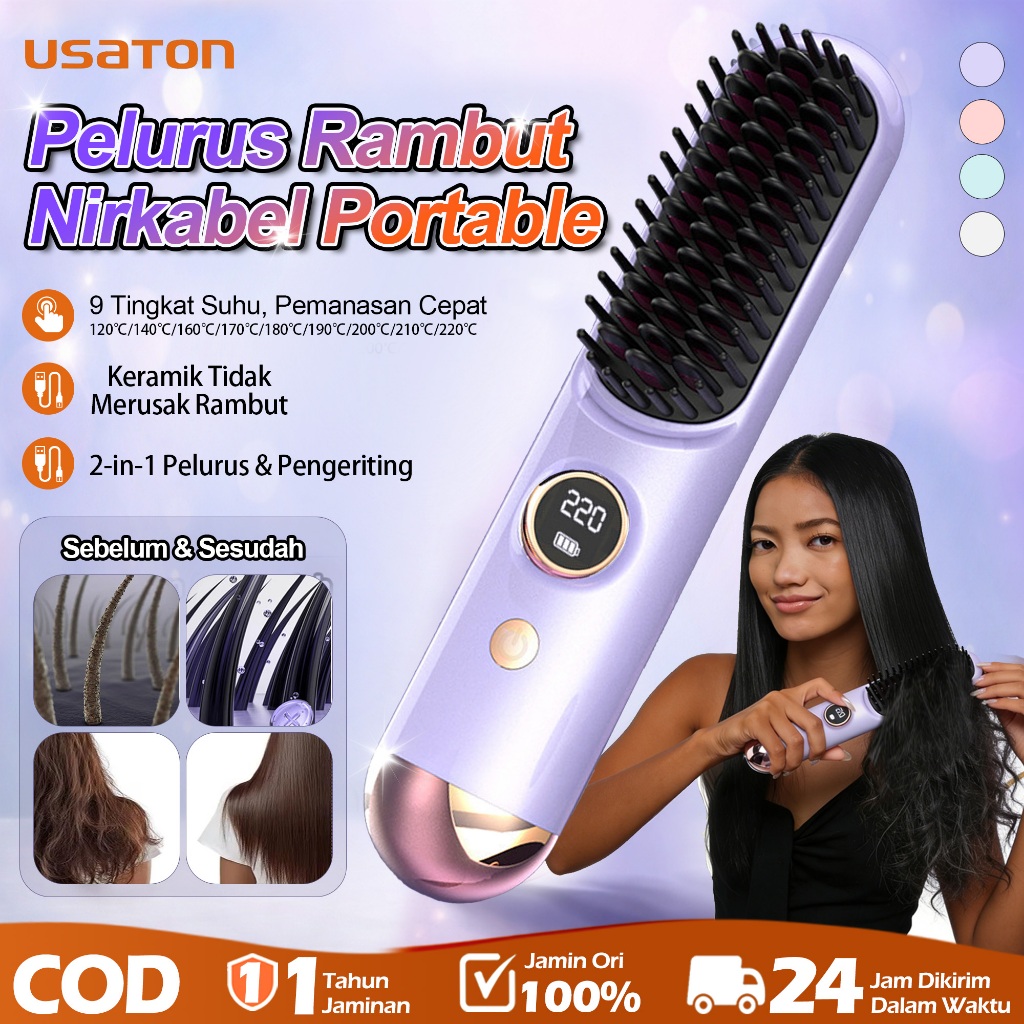 USATON Catokan Rambut Nirkabel Ceramic Catok 9 Tingkat Suhu Catokan Mini Catokan Sisir Pelurus Rambu