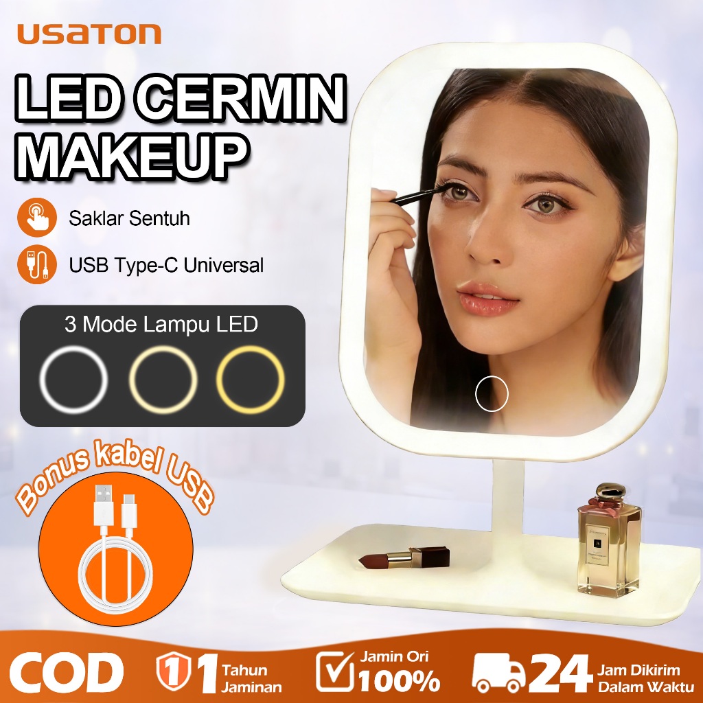 USATON Cermin Makeup LED HD 3 Warna Touchscreen 270° Putar / Portable Mini Standing Rias Kaca / USB 