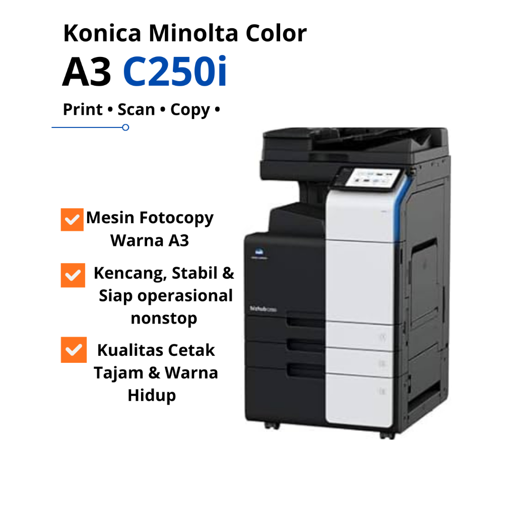 Konica Minolta bizhub C250i – Fotocopy & Print Warna, Multifungsi, Siap Usaha, Bergaransi