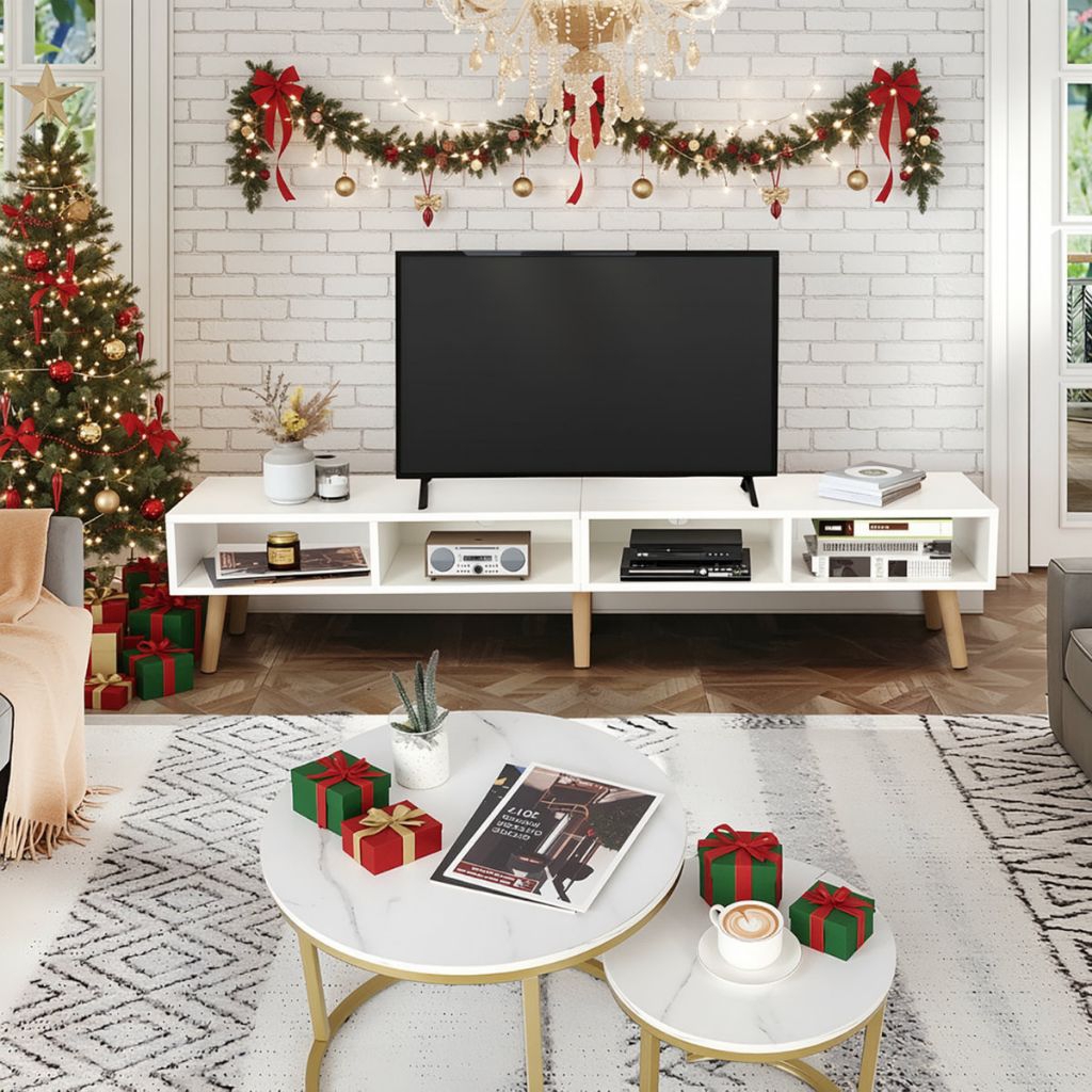 Meja TV Minimalis Modern Putih Kaki Kayu | Bufet TV Scandinavian Rak Terbuka Aesthetic Ruang Tamu