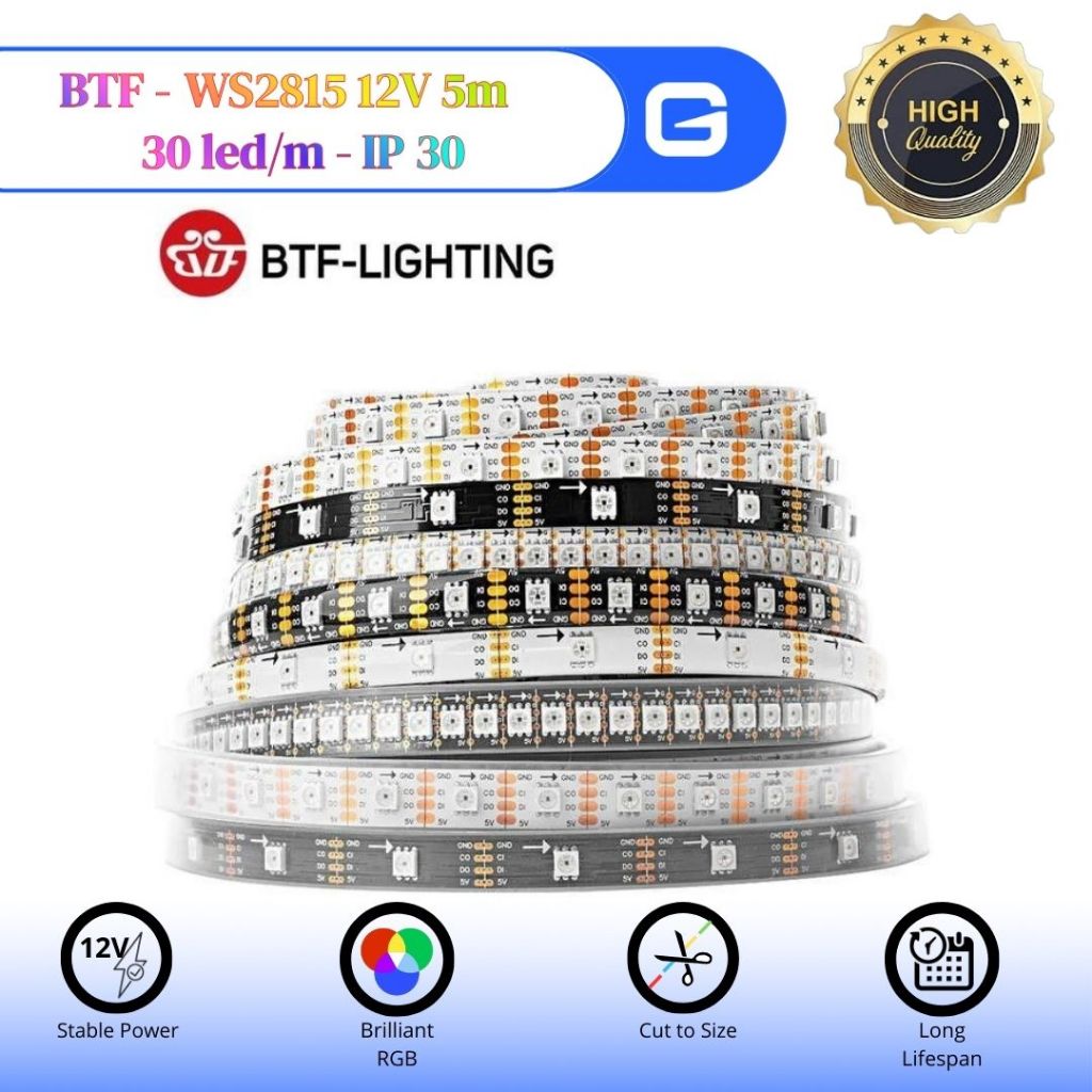 Led Strip RGB WS2815 12v 5m 30led/m - ORIGINAL BTF - Indoor ip30 PCB Hitam - WS2815 Hitam