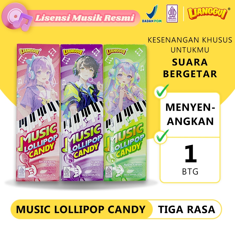 LIANGGUI Lolipop Musik 3 Rasa Apel Hijau Anggur Stroberi Halal, Snack Cemilan Produk Baru Permen Ker