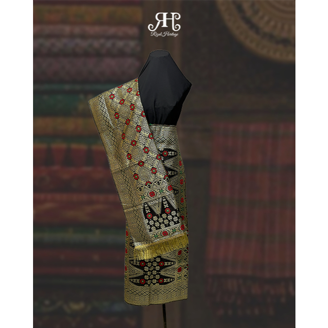 Songket Palembang Motif Bunga Cina Warna Hitam Gold, Songket Murah, 1 Setel | Rizal Songket