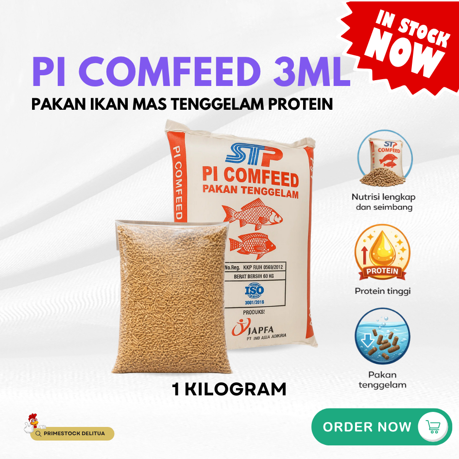 JAPFA Comfeed PI 3ML 1 KG – Pakan Ikan Mas Tenggelam Protein 28–30% Umpan Pancing