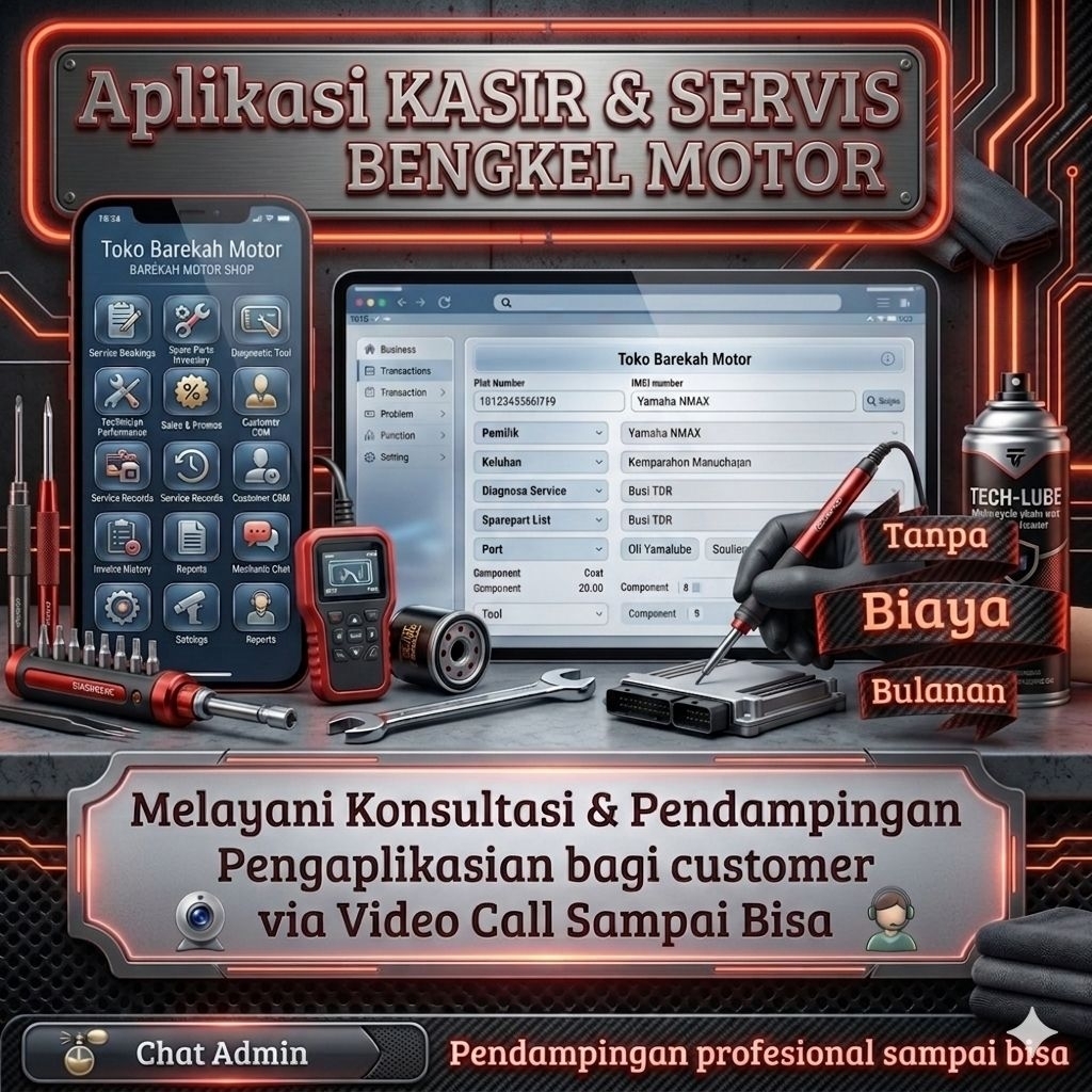 Aplikasi Kasir & Servis Bengkel Motor | Sistem Manajemen Bengkel Motor Total Tanpa Biaya Bulanan
