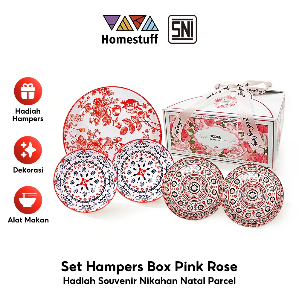 [SNI] HOMESTUFF Wedding Gifts Hampers Set Piring dan Mangkok Mewah / Set Hampers Box Pink Rose / Set