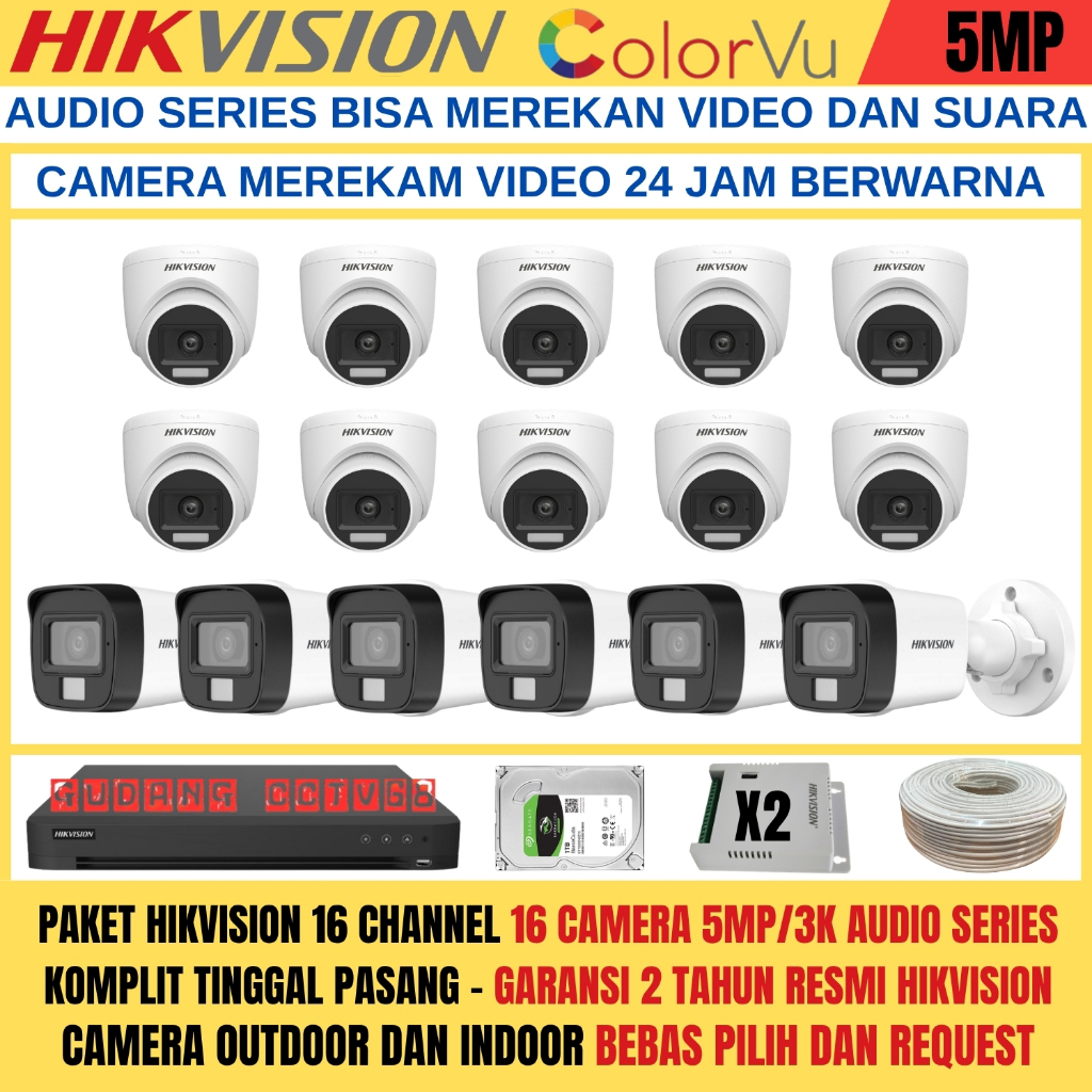 Paket CCTV HIKVISION 16 Channel 16 Camera HIKVISION 5MP Colorvu 3K Full Colour AUDIO SERIES Komplit