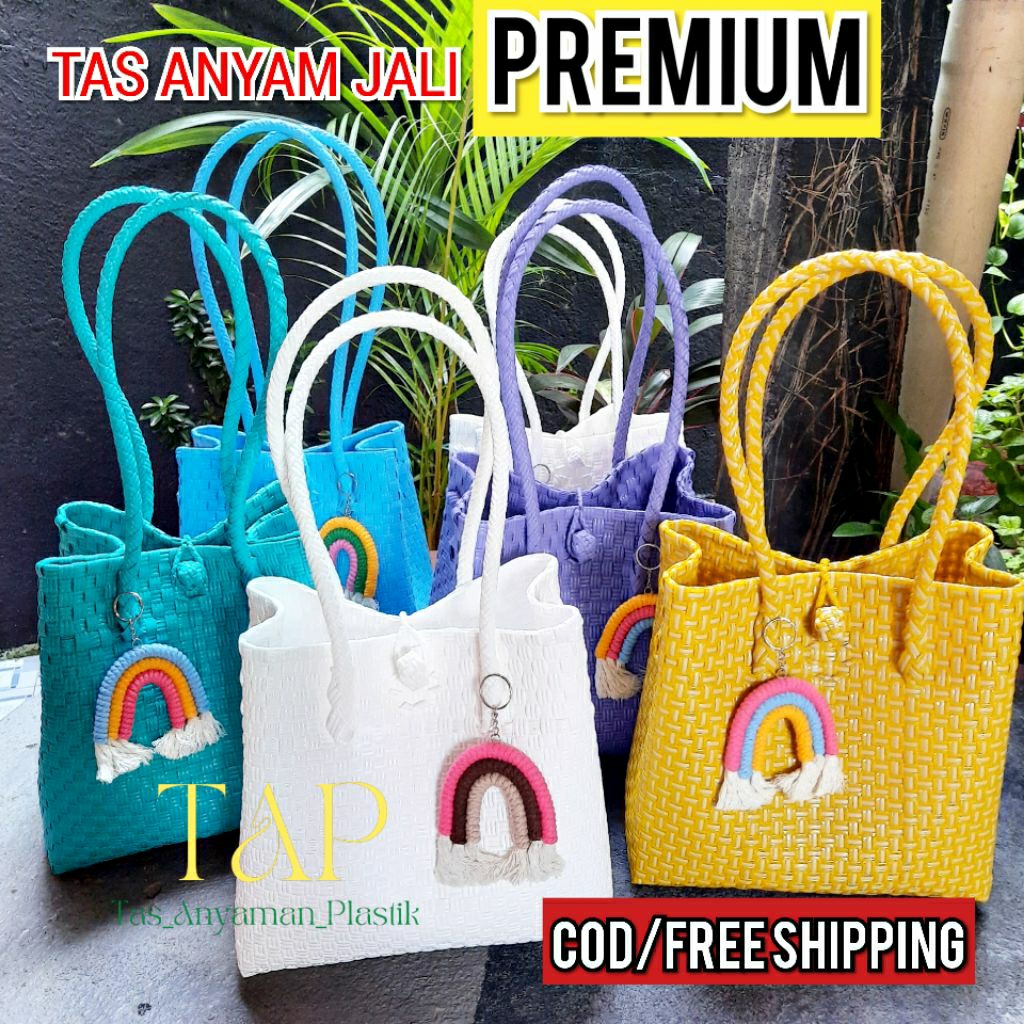 Tas Wanita Anyaman Plastik Tali Panjang  Cewek Tas Jali Anyaman Premium Muat 5 Kg