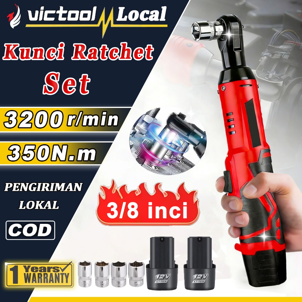 Victool Kunci Ratchet Elektrik Set 12V Cordless 350N.m Ratchet Wrench Kunci Sock Listrik 3/8" Alat p