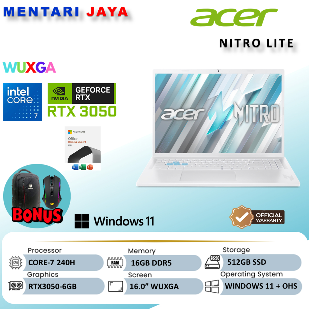 Laptop Gaming Acer Nitro Lite 16 NL16 71G Core 7 240H 16GB 512GB RTX3050-6GB 16.0 WUXGA 180Hz Window
