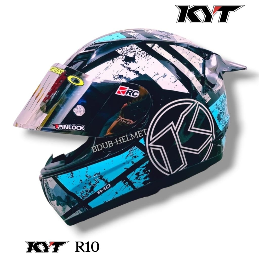 Helm KYT r10 #3 Aqua blue paket ganteng original KYT