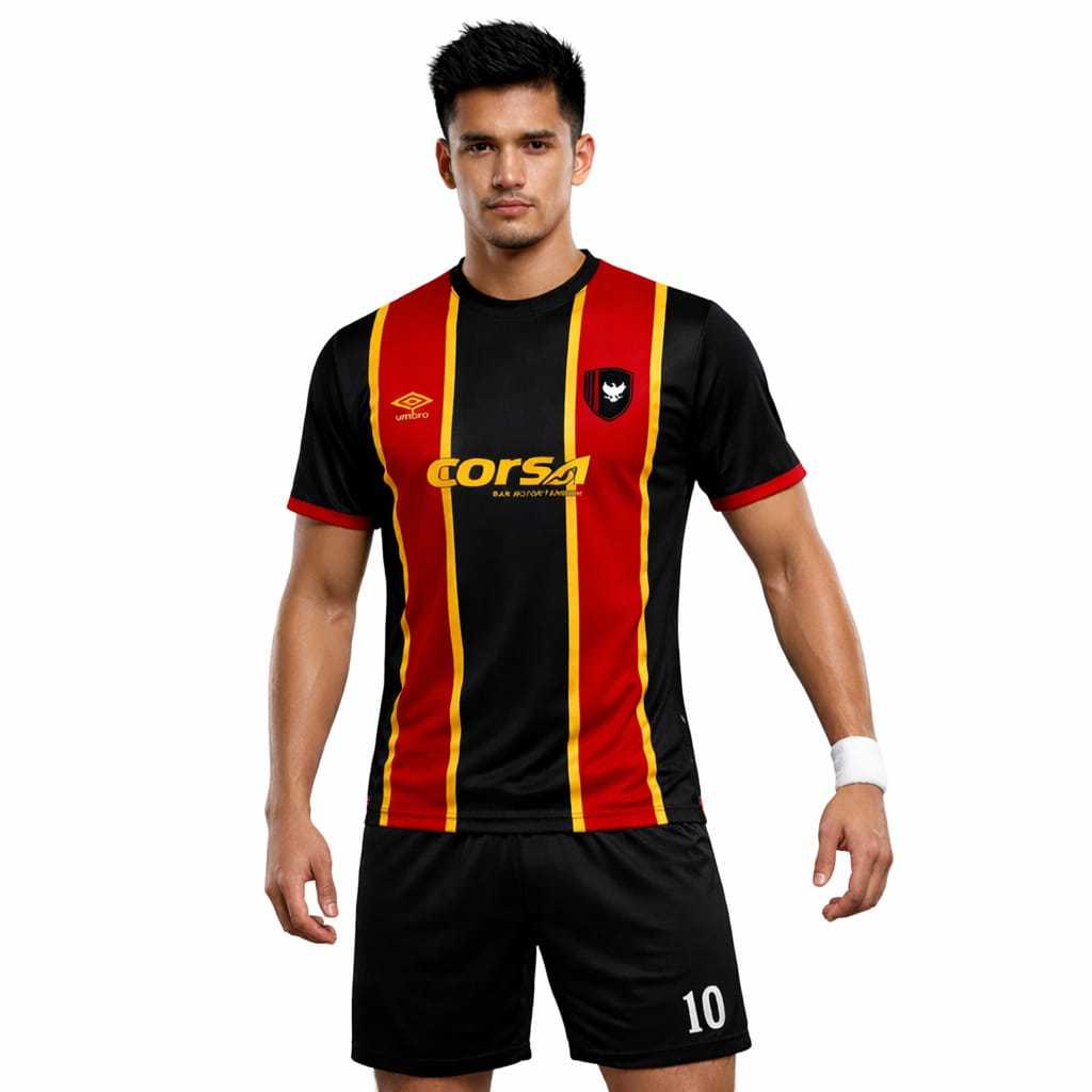 Jersey Hitam Merah Strip Kuning / Jersey Futsal / Sepak Bola Blue White Free Pasang Nama & No Punggu