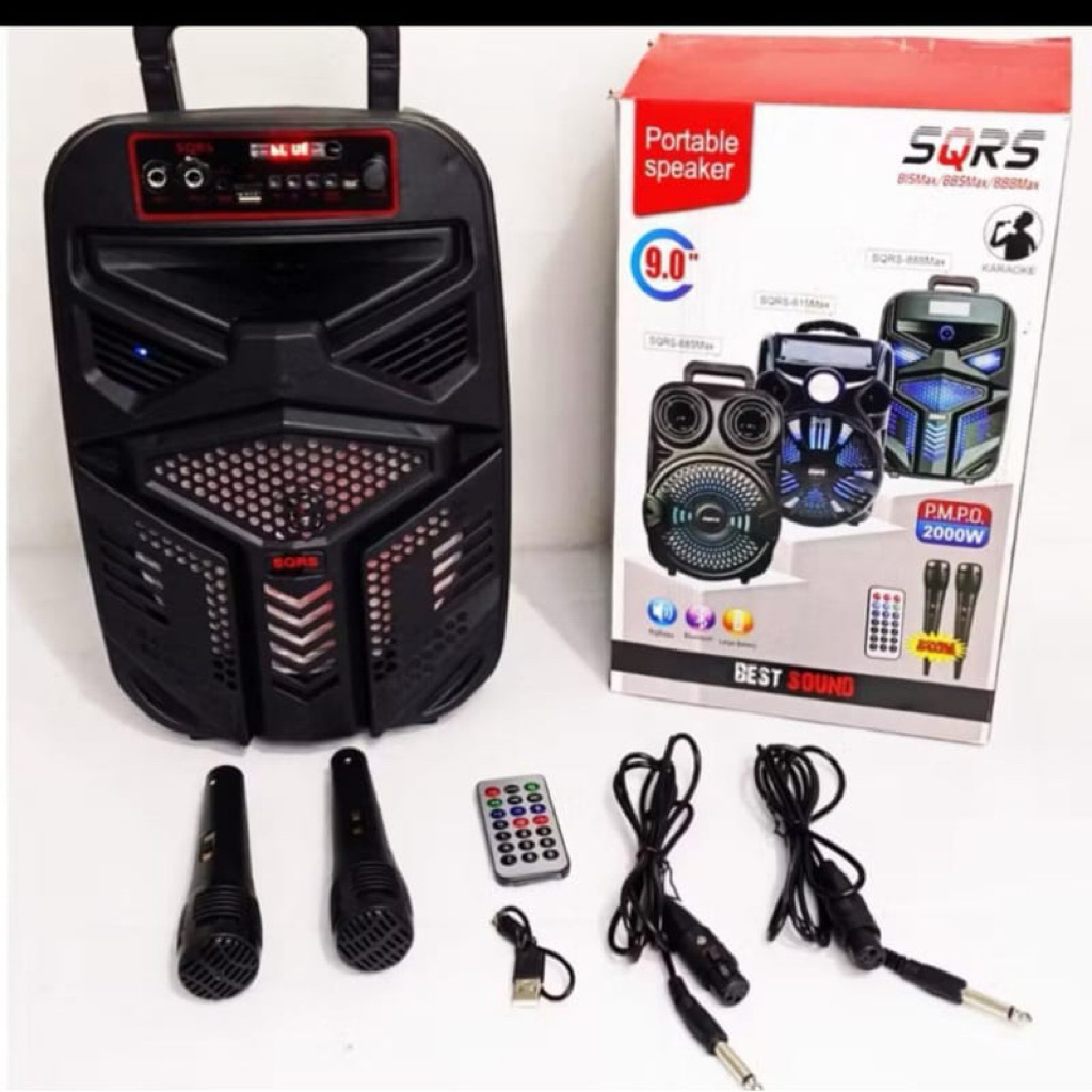SQRS SPEAKER BLUETOOTH WIRELESS - 9INCH BONUS 2 MIC - KARAOKE SPEKER BLUTOT 2 MIX KAROKE  - SPEAKER 