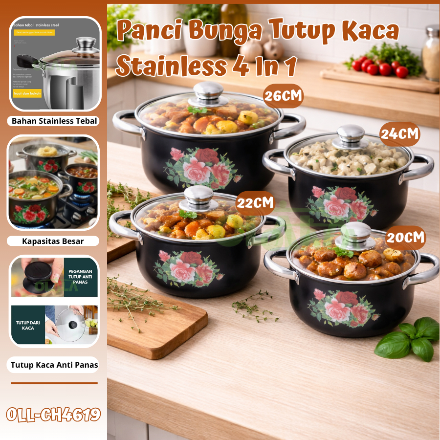 PANCI BUNGA SET 4 SUSUN STAINLESS STEEL TUTUP KACA SOUP POT MULTIFUNGSI OLL-CH4619