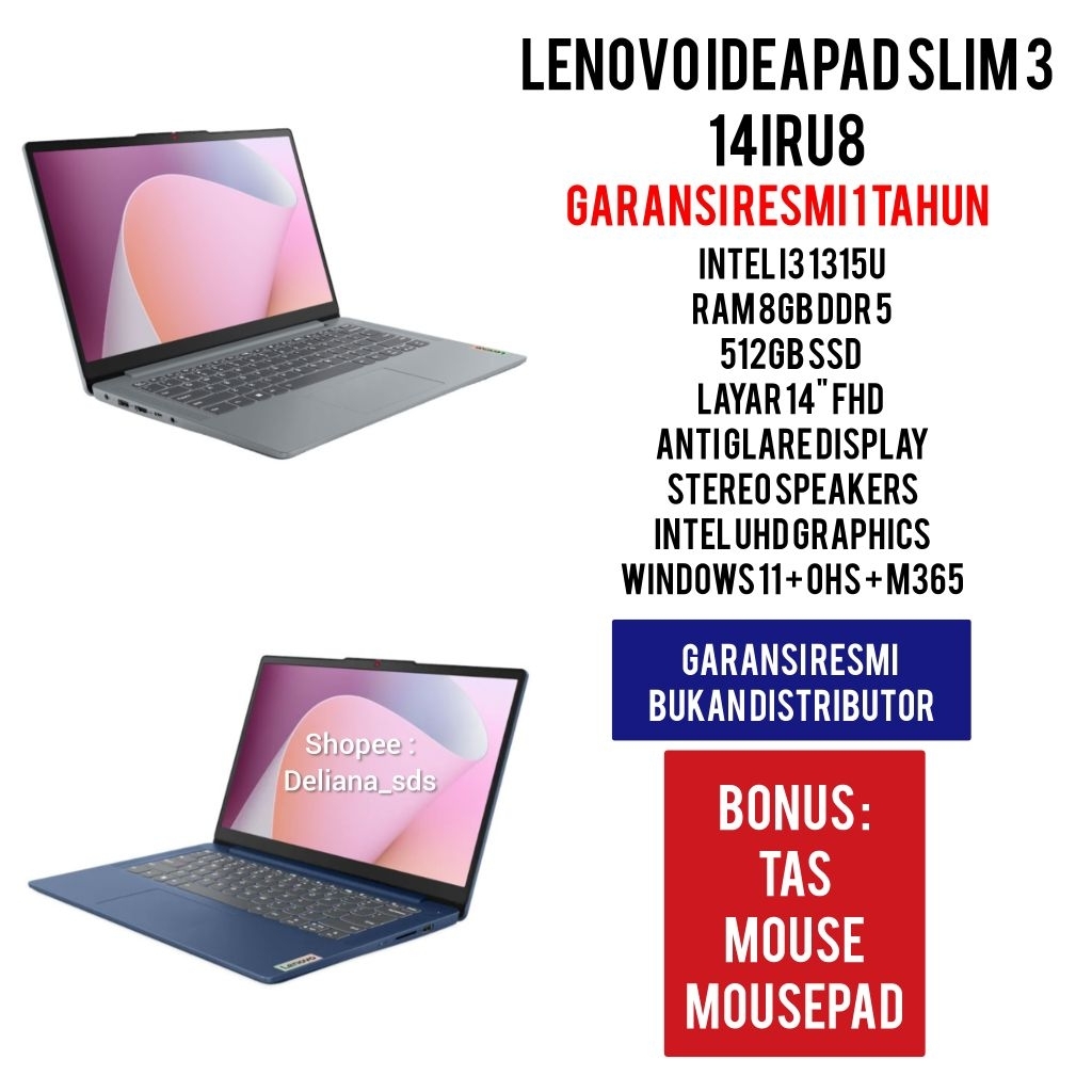 Laptop Lenovo Ideapad Slim 3 14IRU8 Intel I3 1315U 8GB/512GB SSD 14" FHD Garansi Resmi 1 Tahun Lapto