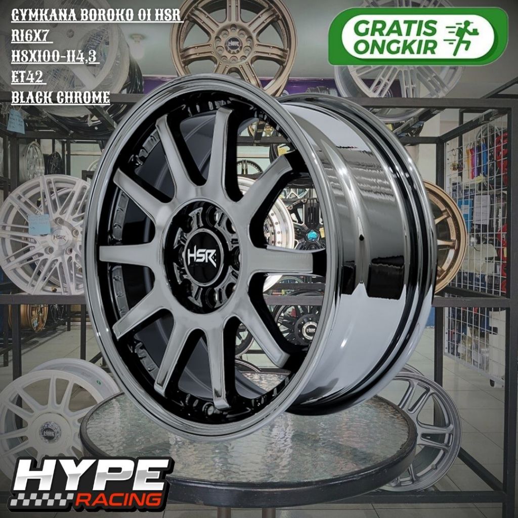 Pelek Mobil R16 HSR Gymkana Boroko Ring 16 black chrome untuk Velg Avanza , Freed , Mazda2