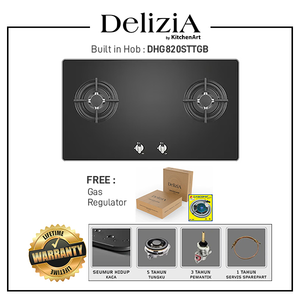 Delizia Built-in Gas Hob / Kompor Tanam 2 tungku gas , Black Glass - DHG820STTGB + Free Regulator Ga
